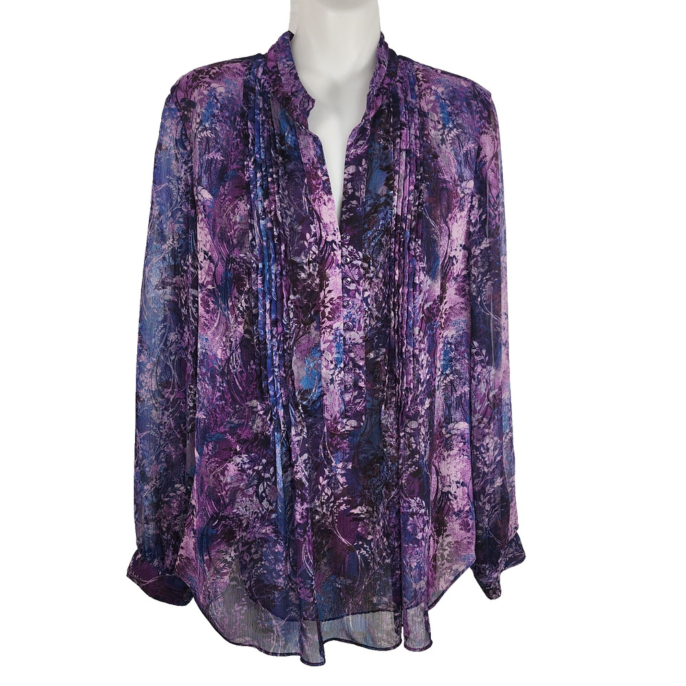 Coldwater Creek Women Floral Button Up Pintuck Blouse M Long Sleeve Sheer Purple